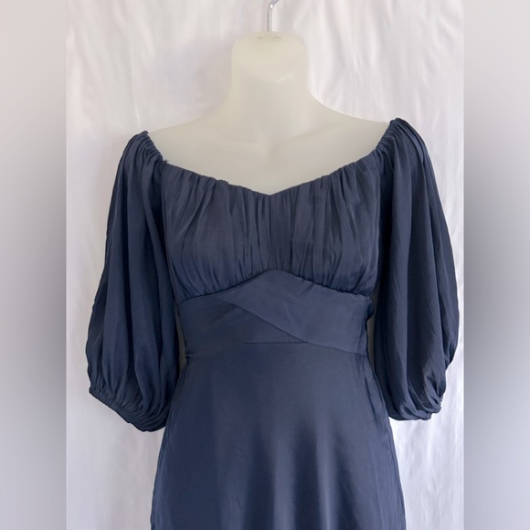 Here Comes the Sun Navy Satin Babydoll Empire Waist Poof Sleeve Mini Dress XS - Picture 2 of 14